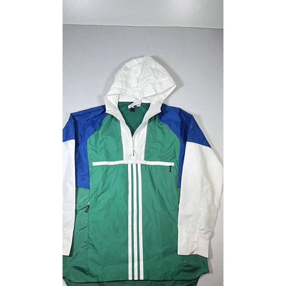 Adidas Jacket Mens Medium Green Blue White Colorblock Hooded 1/2 Zip Windbreaker